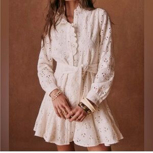 Sezane Marly Cream Eyelet Long Sleeve Mini Dress Sz 42/ US 10